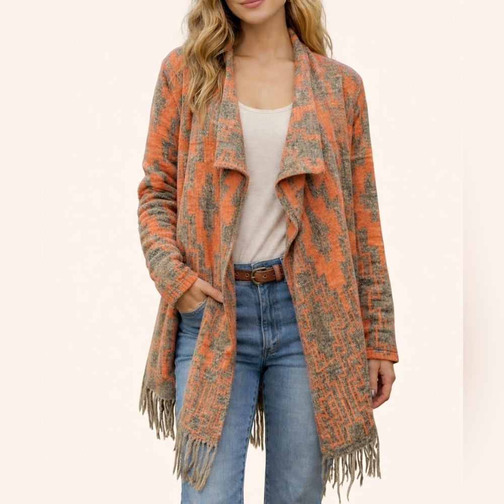 Kate COLLECTION Neon Southwestern Aztec Draped Fringe Cardigan Sweater